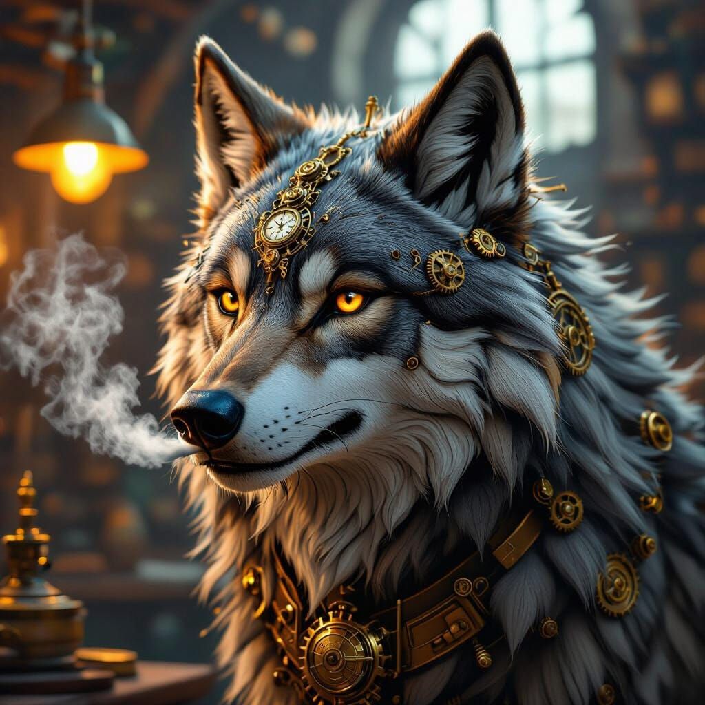Steampunk Wolf with Gears and Brass in Digital Painting Styl...