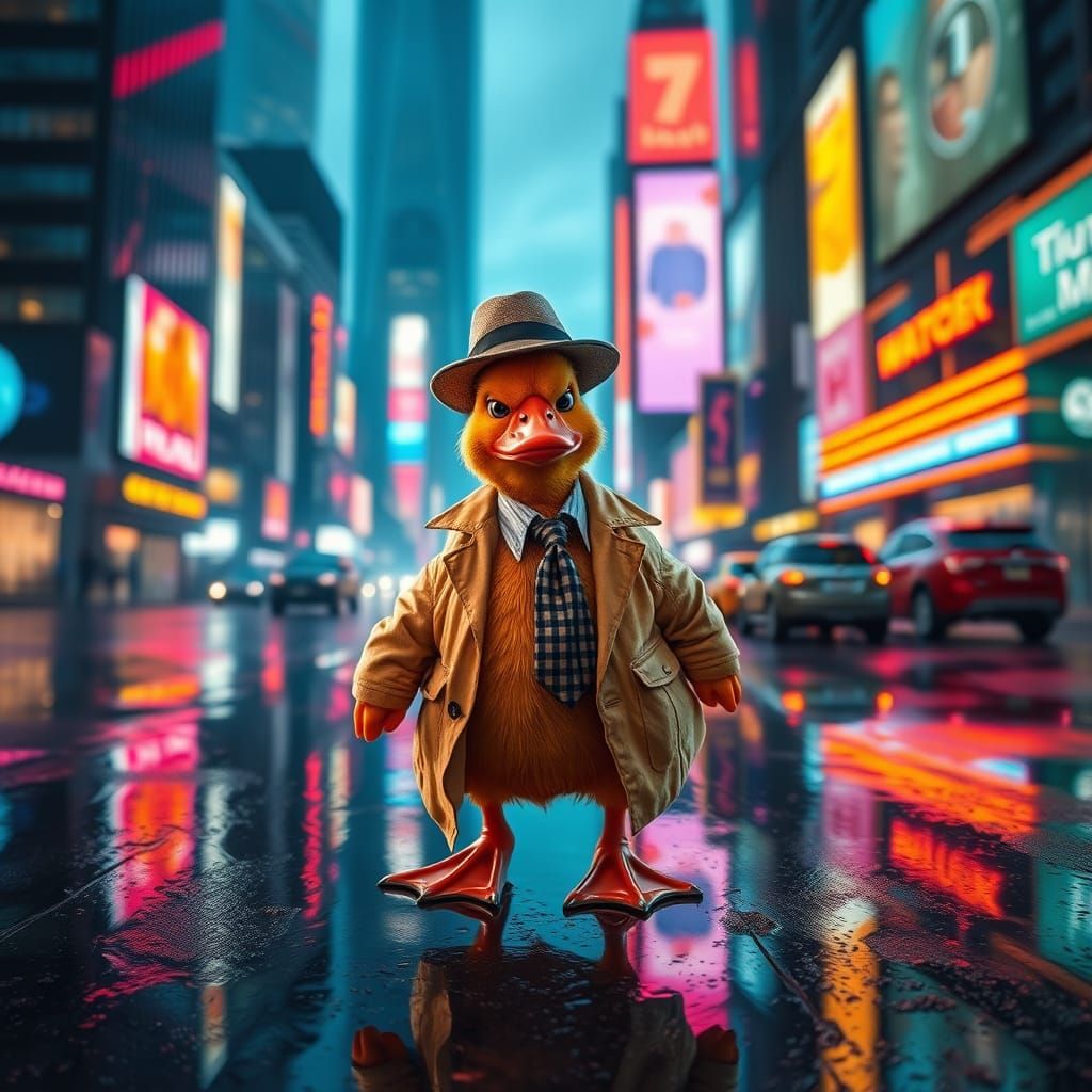 Vibrant Duck Waddles Through Futuristic Cityscape at Dusk
