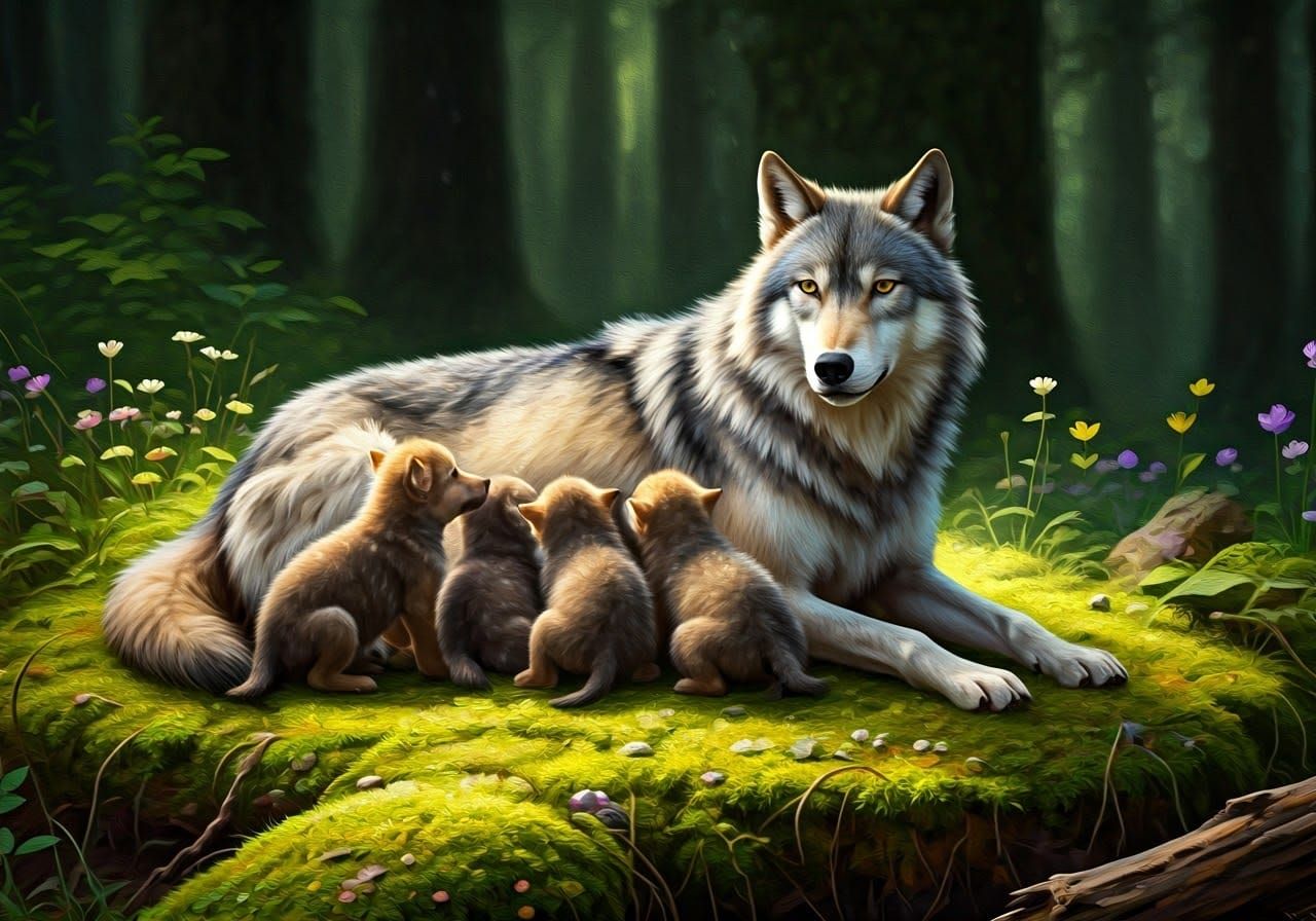 She-Wolf Nursing Pups in Forest Glade