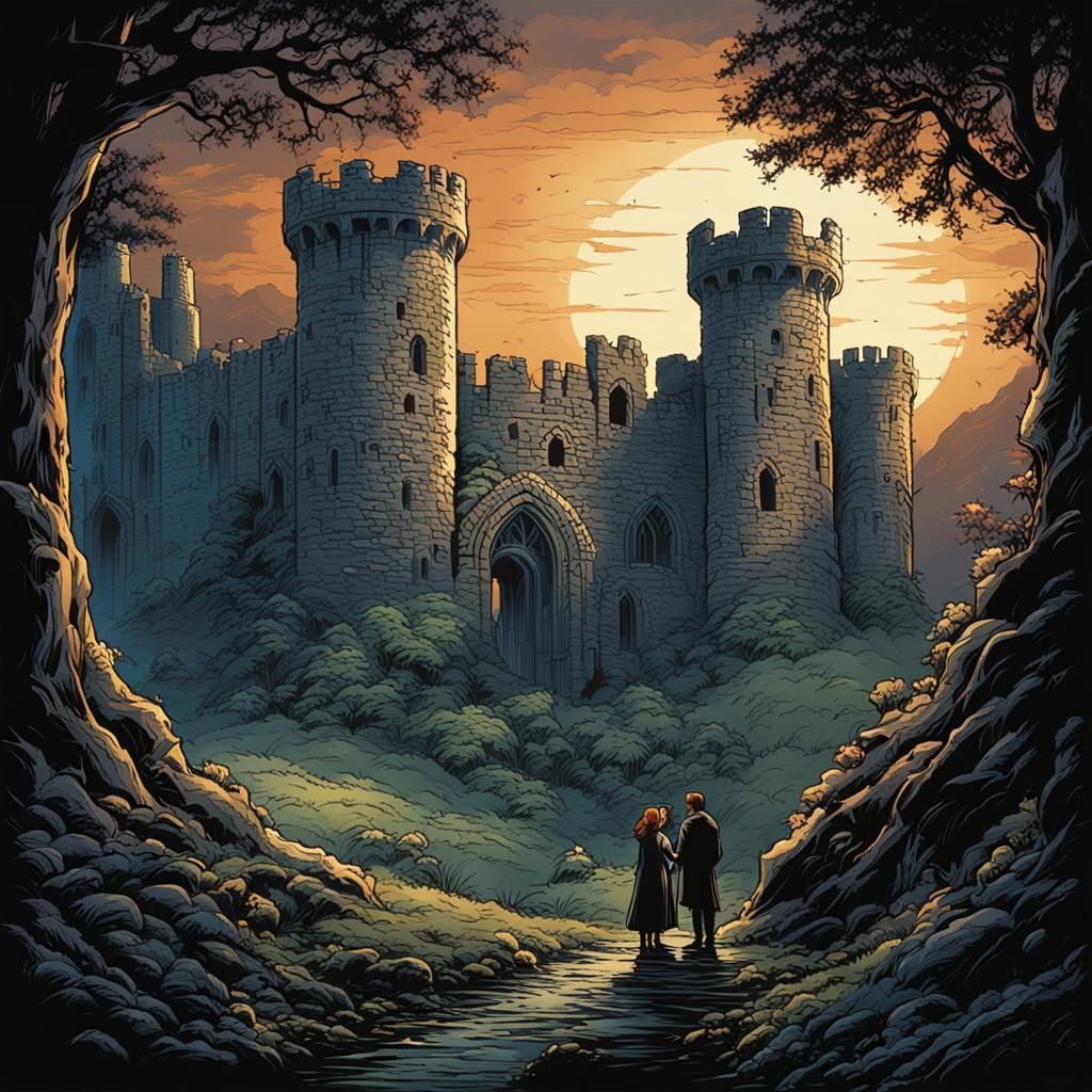 Lovers Meet at Ruined Castle in Comic Book Art