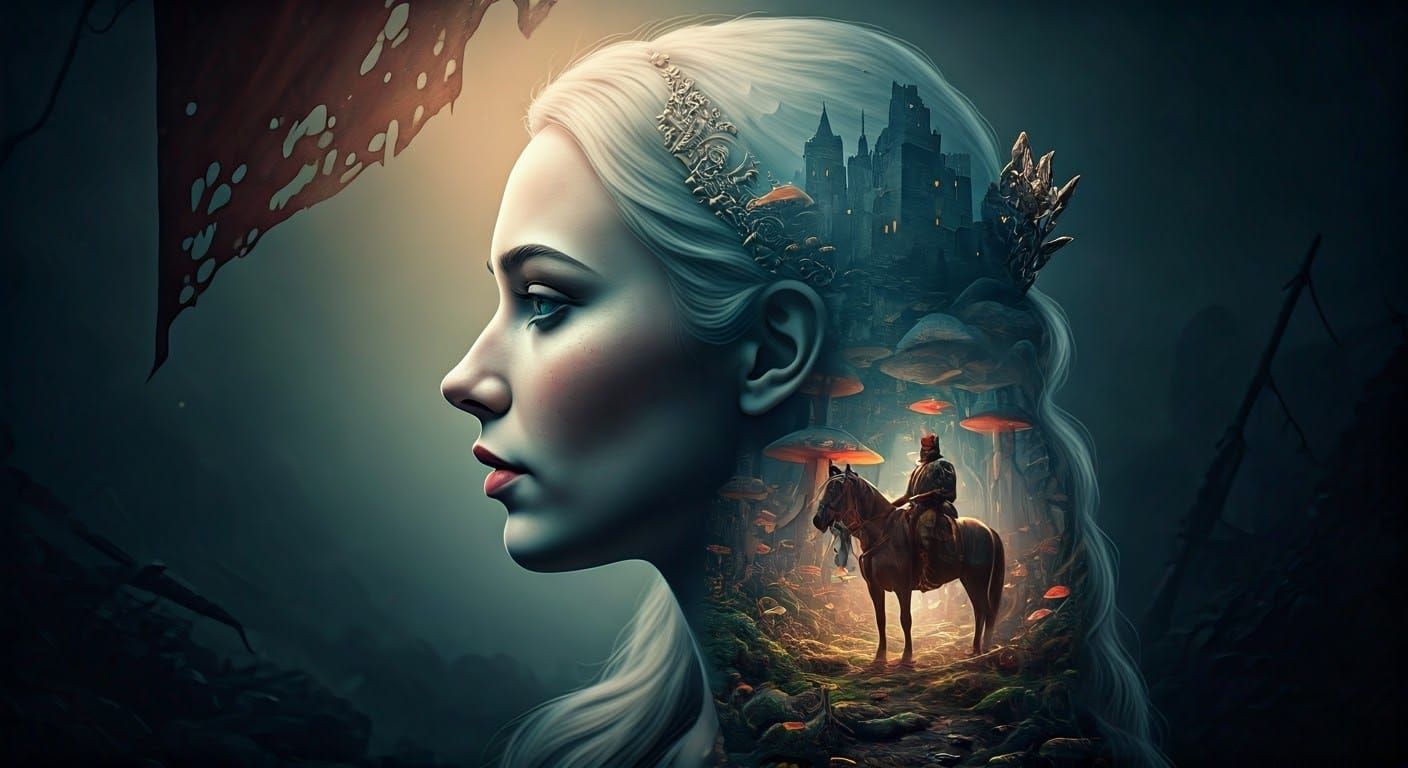 Ethereal Double Exposure Portrait of a Whimsical Queen