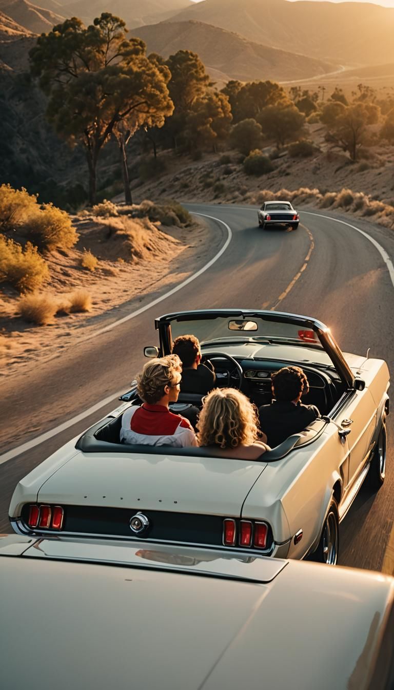 Classic Red Mustang at Sunset: Cinematic Film Still
