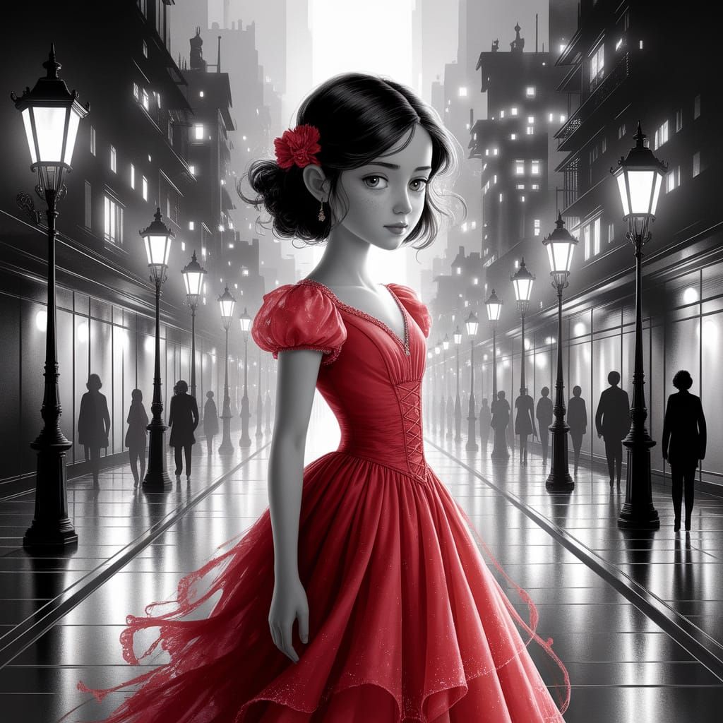 Ethereal Lady in Red, Semi-Realistic Watercolor Painting