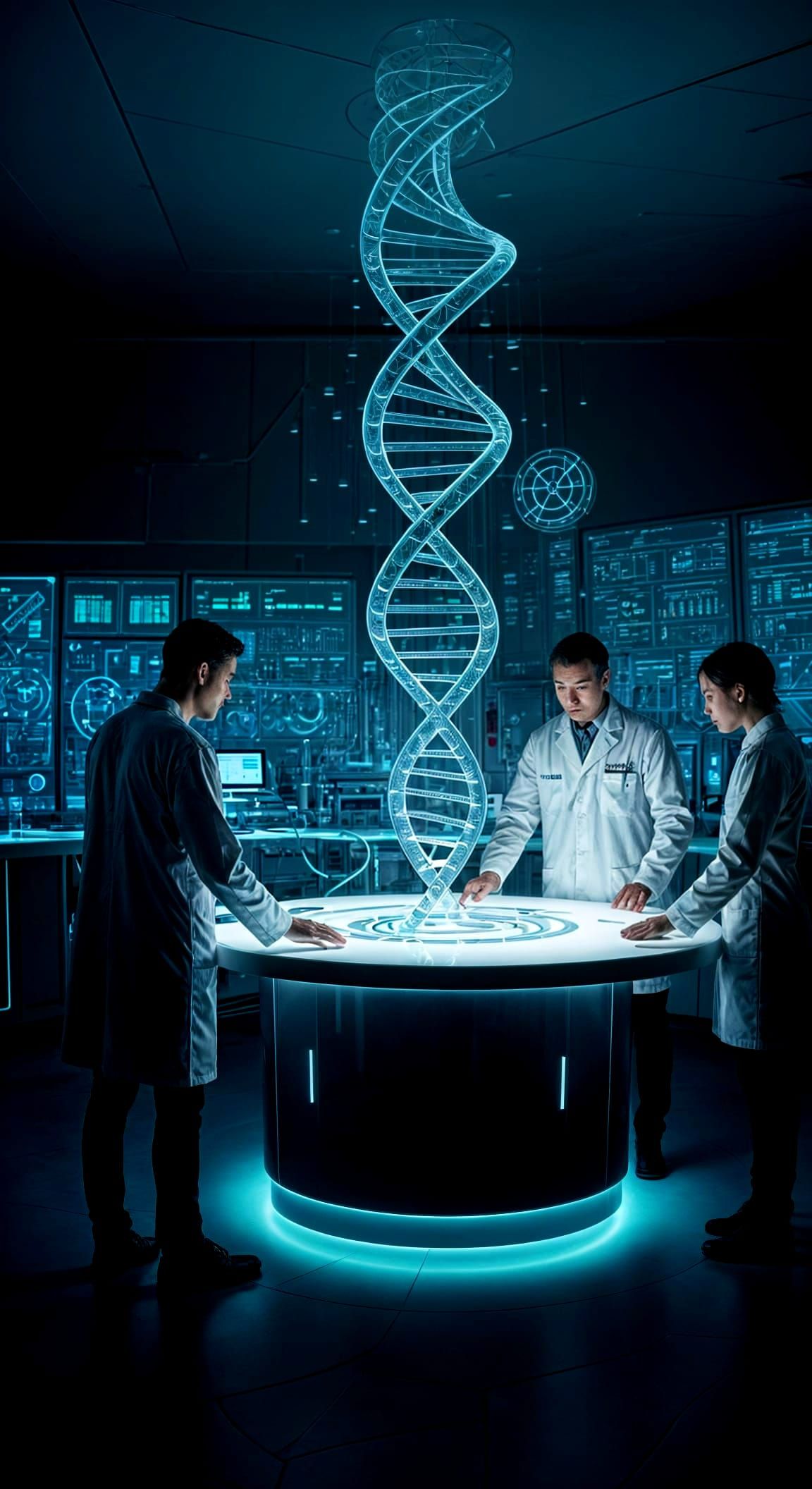 Genetic Engineers in Futuristic Laboratory Study DNA Helix