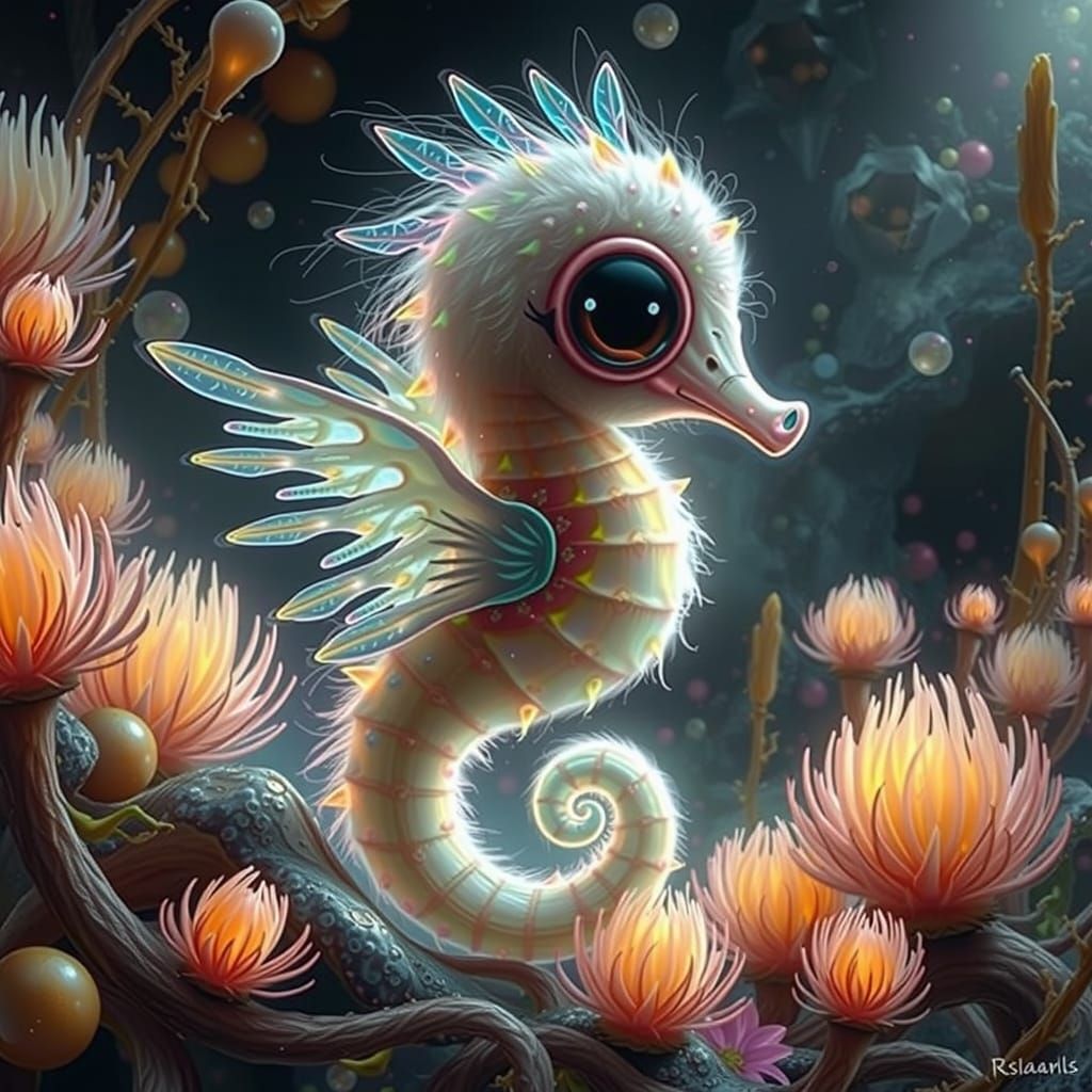 Iridescent Seahorse with Wings in Crystalline Cave