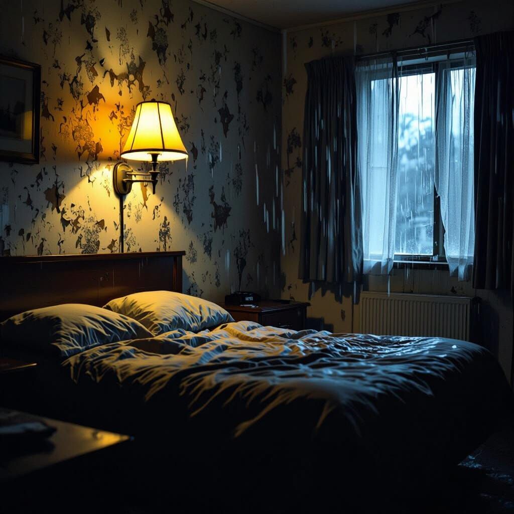 Eerie Motel Room with Flickering Lamp and Rainy Atmosphere