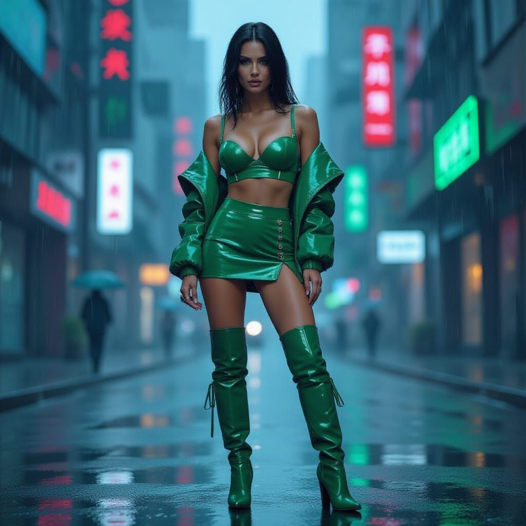 Emerald Outfit in Rain-Slicked Cyberpunk Cityscape