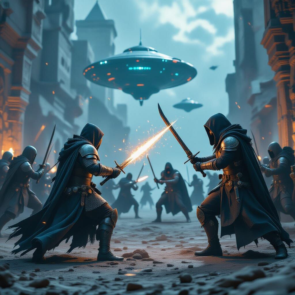 Medieval Adventurers Clash with Aliens: Cinematic Battle