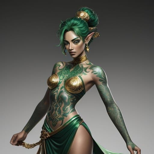 Emerald Fae Goddess in Iridescent Jade Skin with Gold Tattoo...