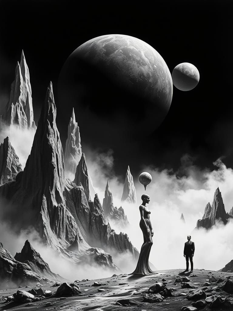 Surrealist Black and White Planet with Melting Figures
