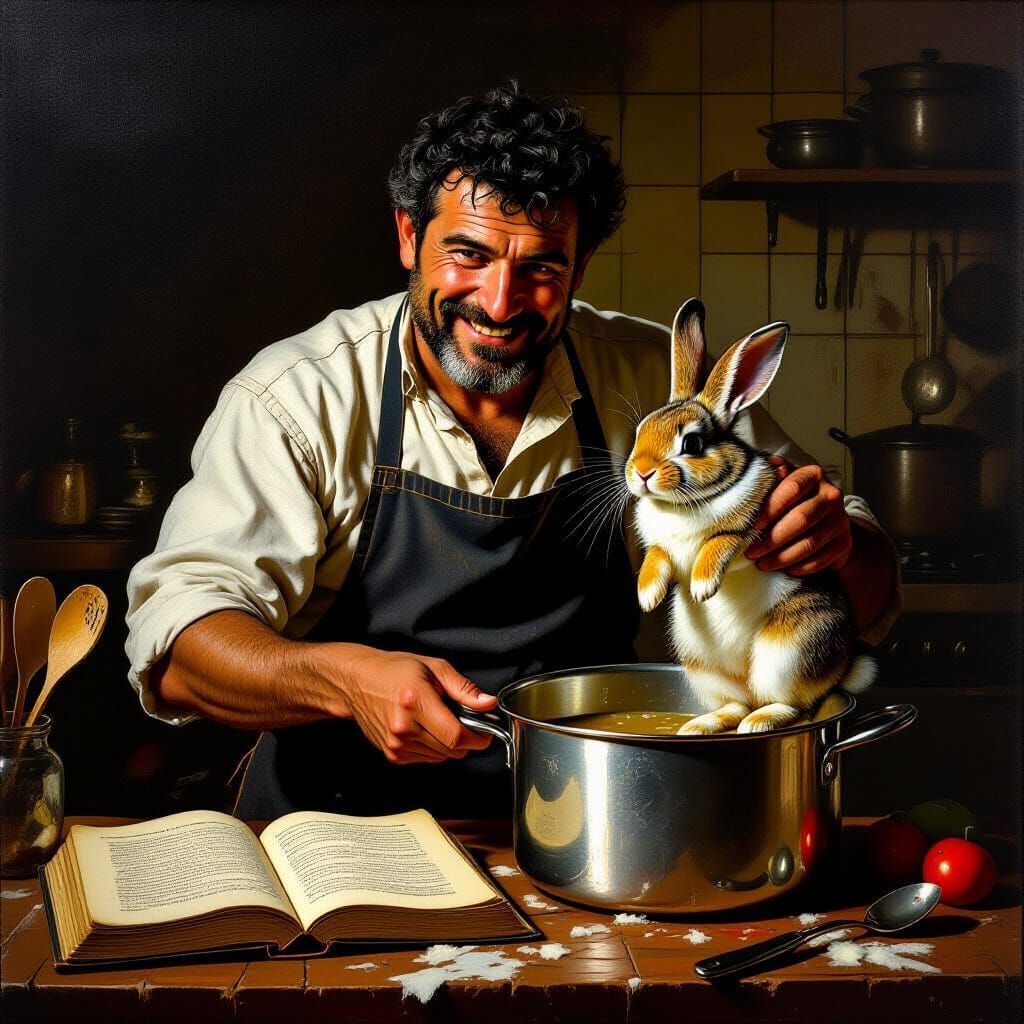 Man with Rabbit: A Painterly Kitchen Scene