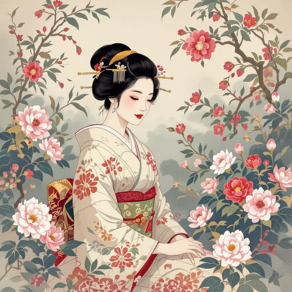 Serene Woman in Japanese Garden, Lyrical Inksplash Style