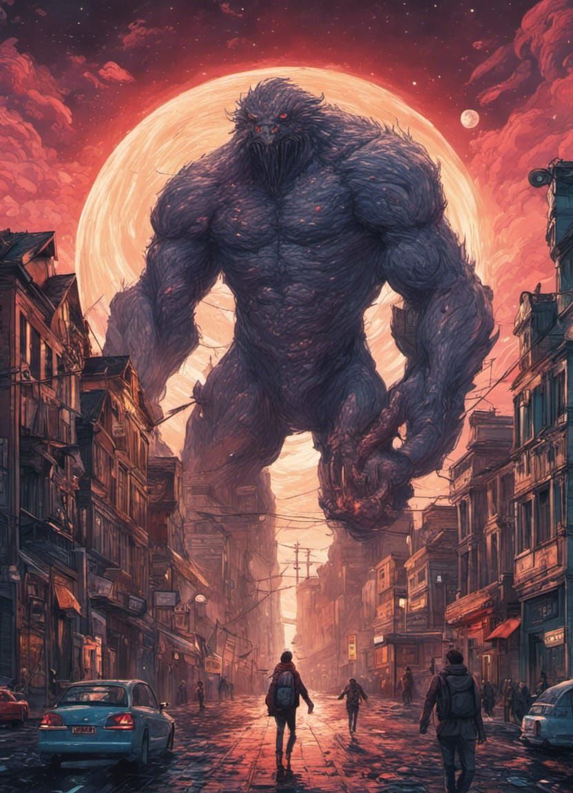 Giant Monster Attacks City on Starry Night