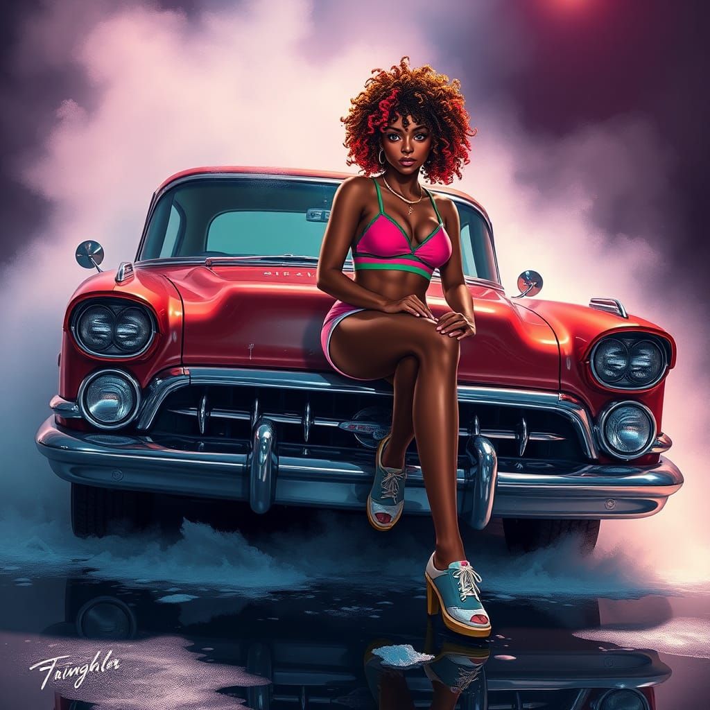 Woman on Lowrider Car in Cel-Shaded Anime Style