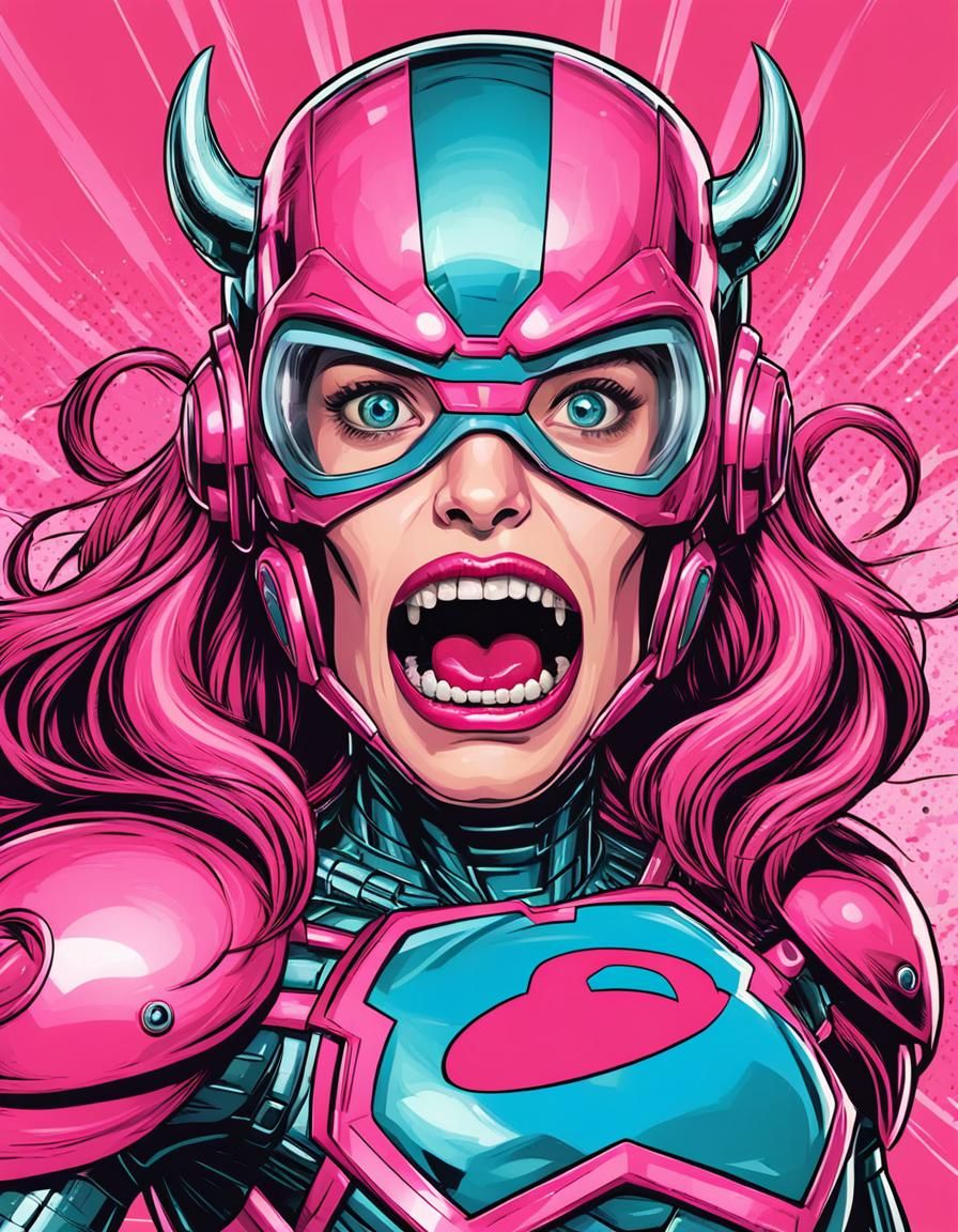 Pink Superhero Confronts Giant Mouth Monster Machine
