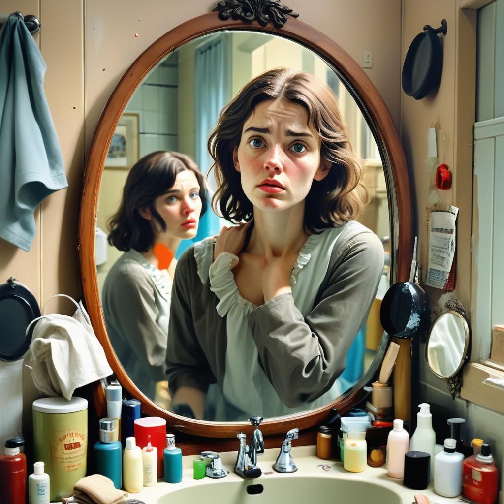 Woman's Reflection: Naive Art in Beryl Cook Style