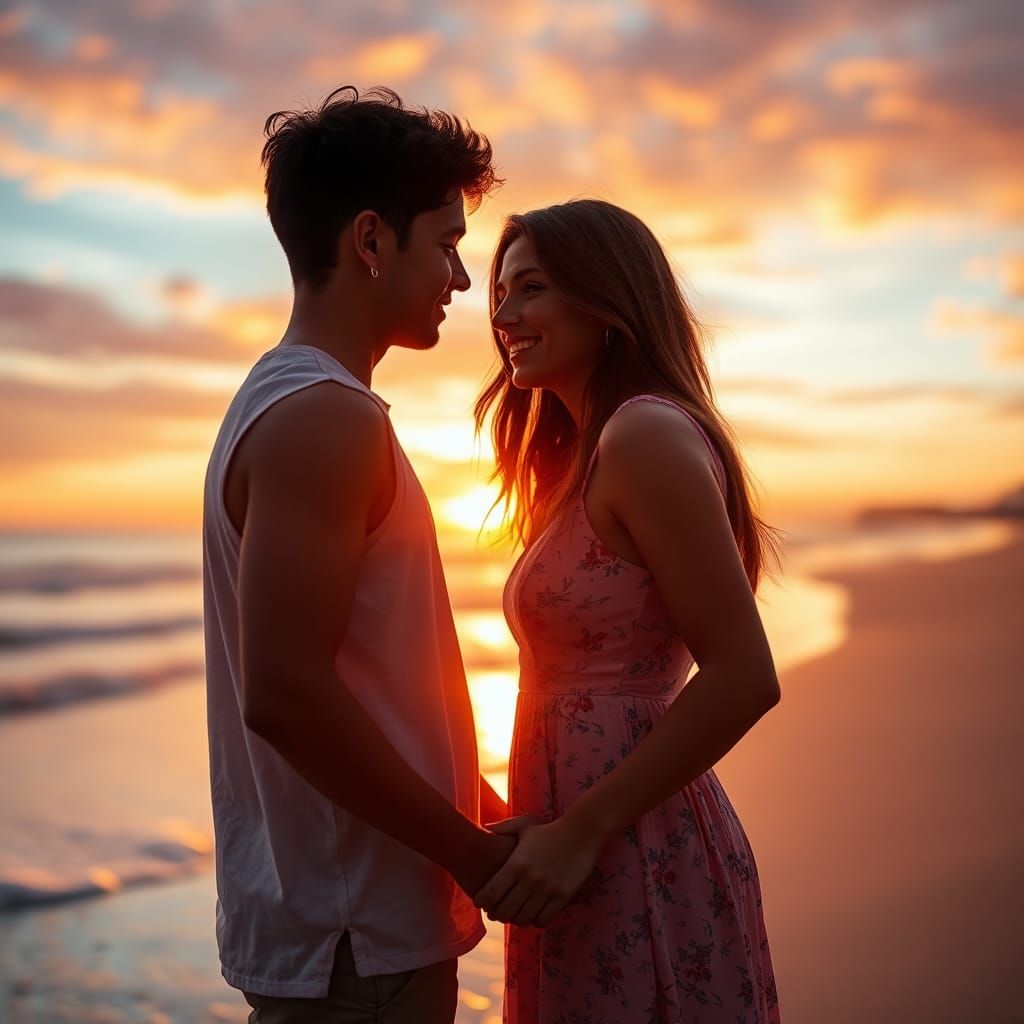 Romantic Sunset Portrait of Young Couple on Beach