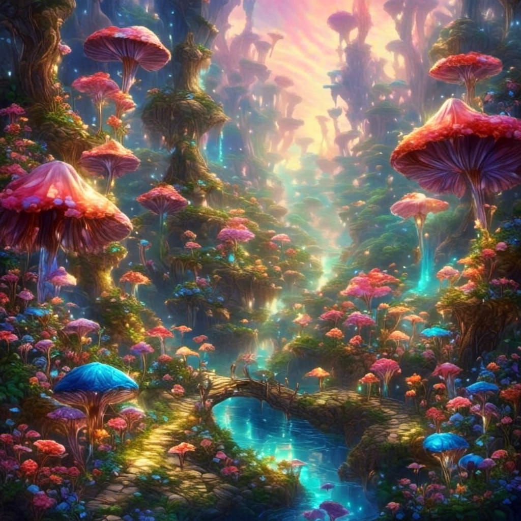 Enchanted Trail Through a Whimsical Mushroom Garden