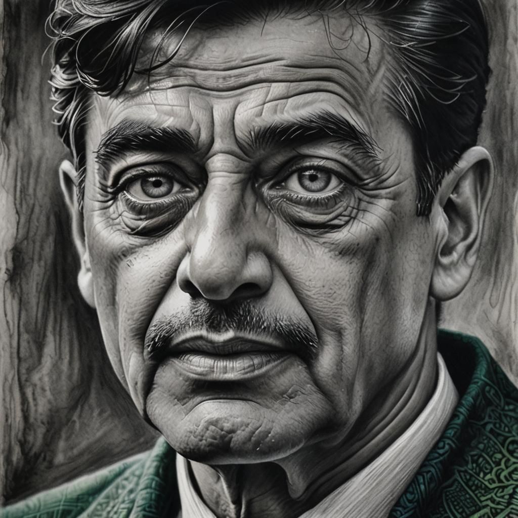 Hyper-Realistic Charcoal Portrait with Blue and Green Hues