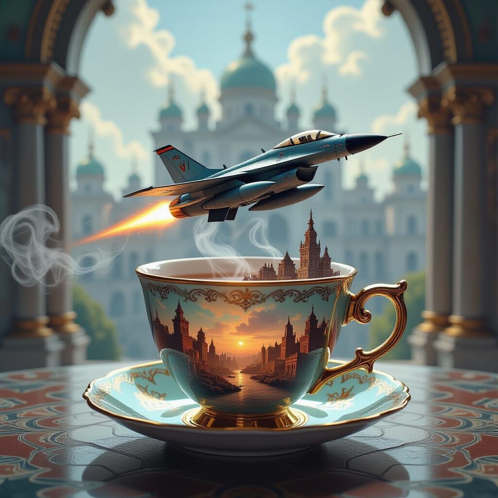 Teacup World: Fighter Jet in Dystopian Palace Scene