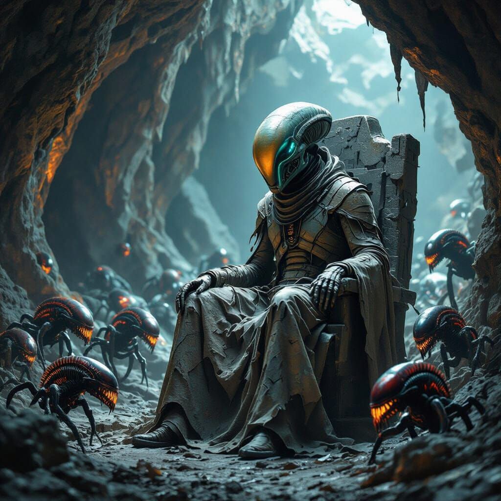 Alien Space Jockey in Bioluminescent Cave