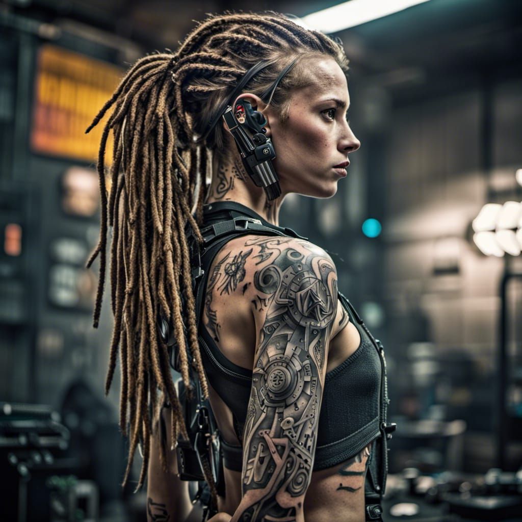 Cyberpunk Warrior in Future Factory, Hyperrealistic