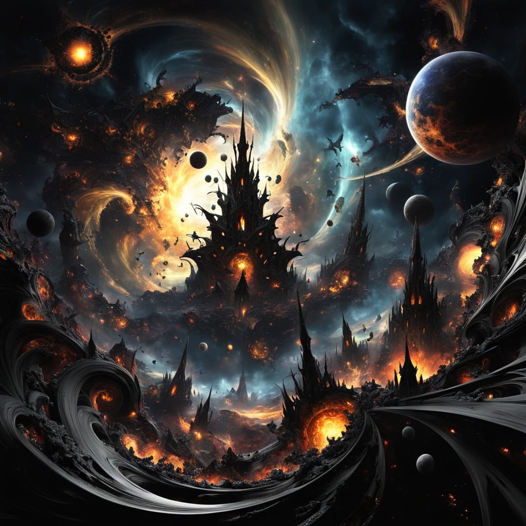Infernal Cosmos: Fractal Art of Colliding Worlds
