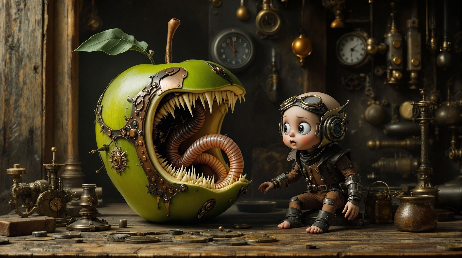 Steampunk Apple Monster Threatens Young Inventor