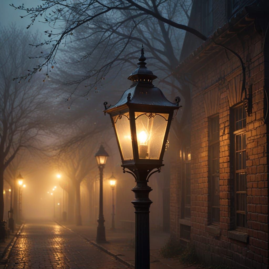Antique Street Lamp Glows on Foggy Night