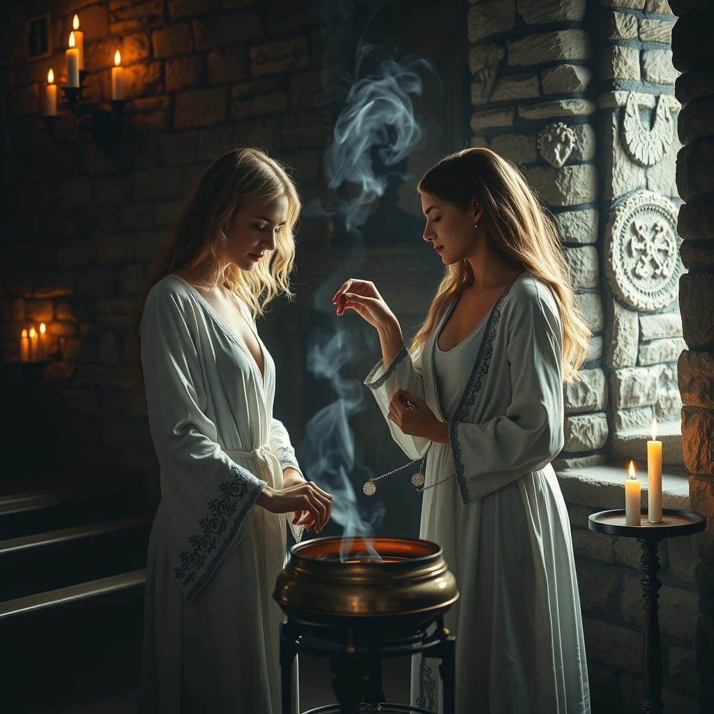 Candlelit Alchemical Rite in Stone Halls