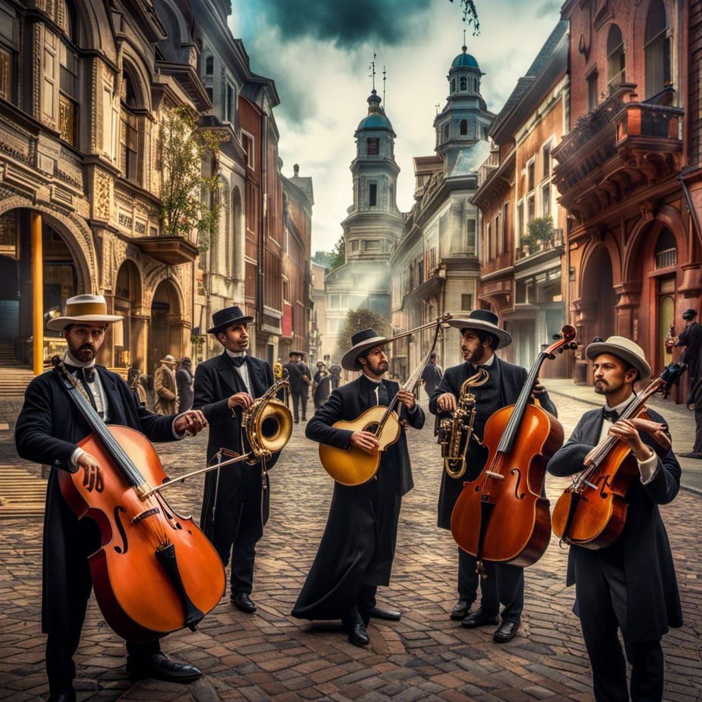 Mystical Musicians in Dreamlike Double Exposure