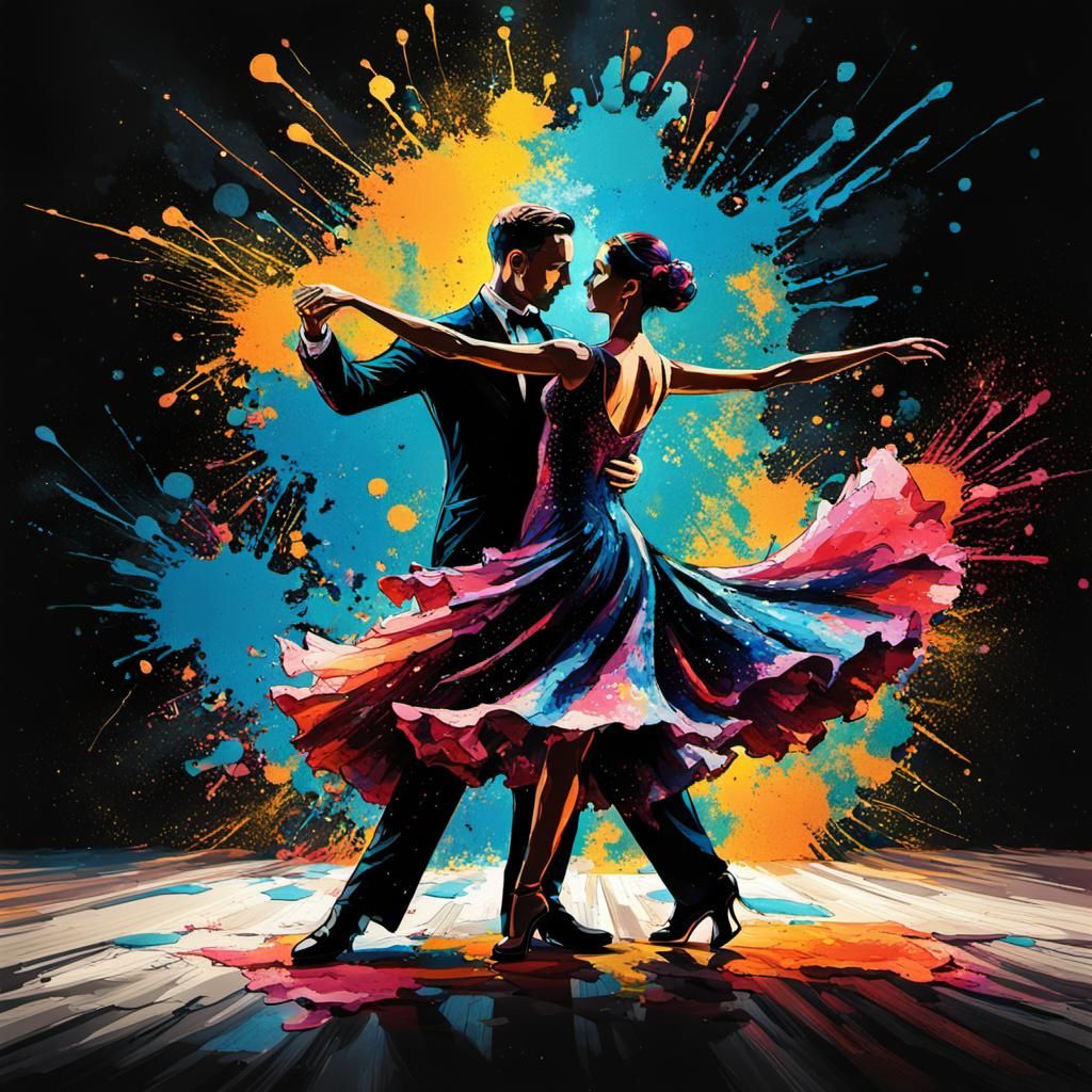 Ballroom Dancers in Ink-Splatter Abstract Expressionism