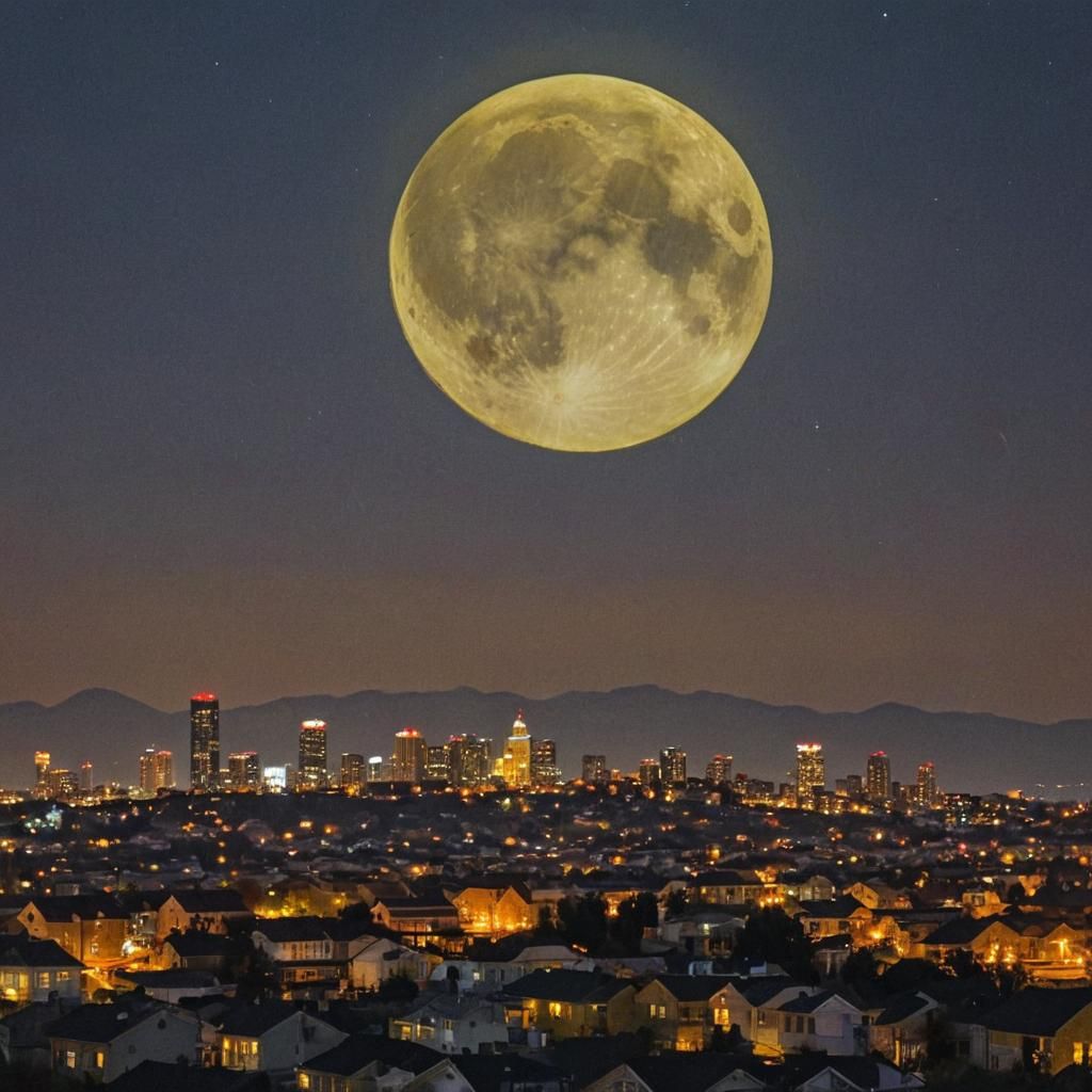 Giant Super Moon Over Luminous Cityscape