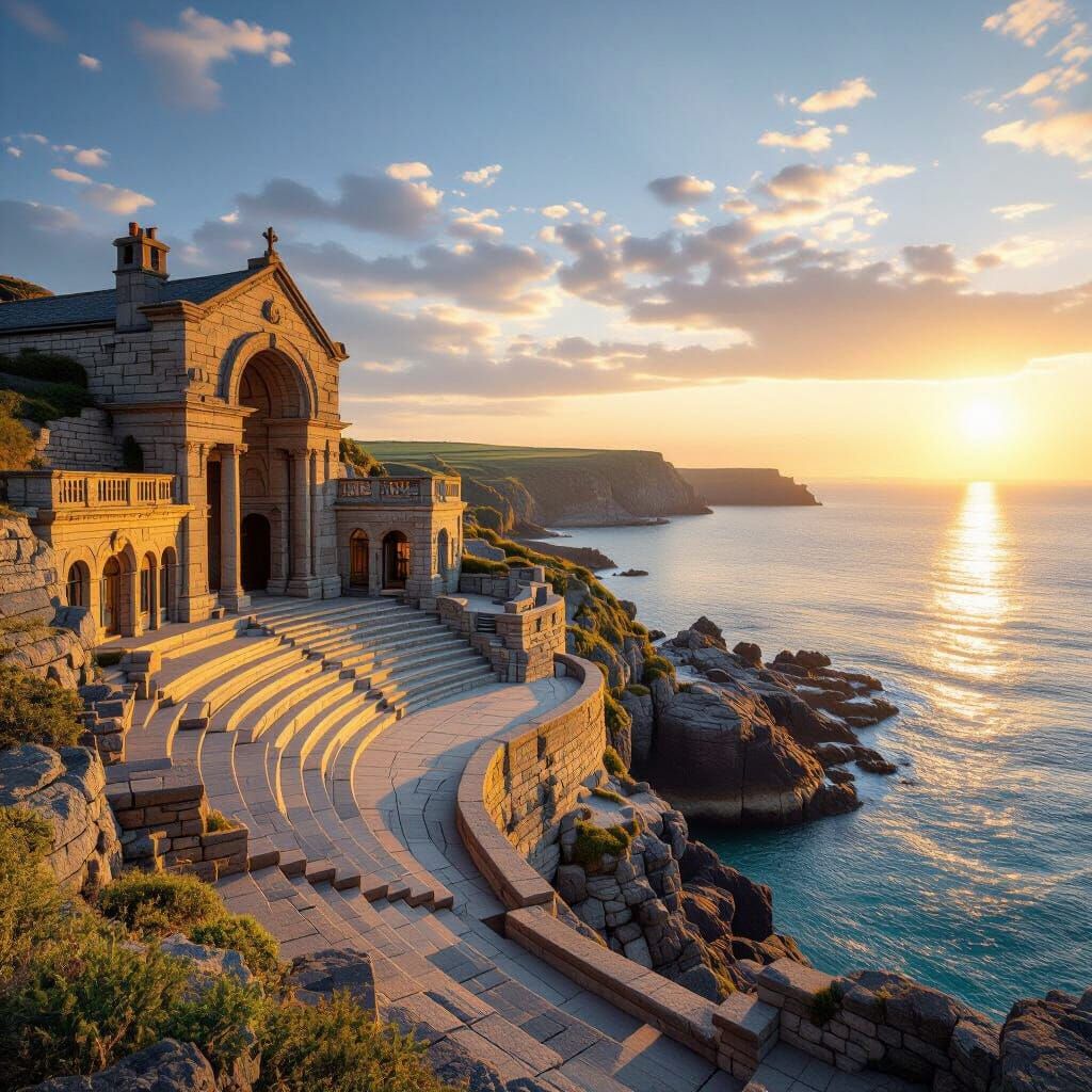 Minack Theatre at Golden Hour Overlooking Turquoise Waters