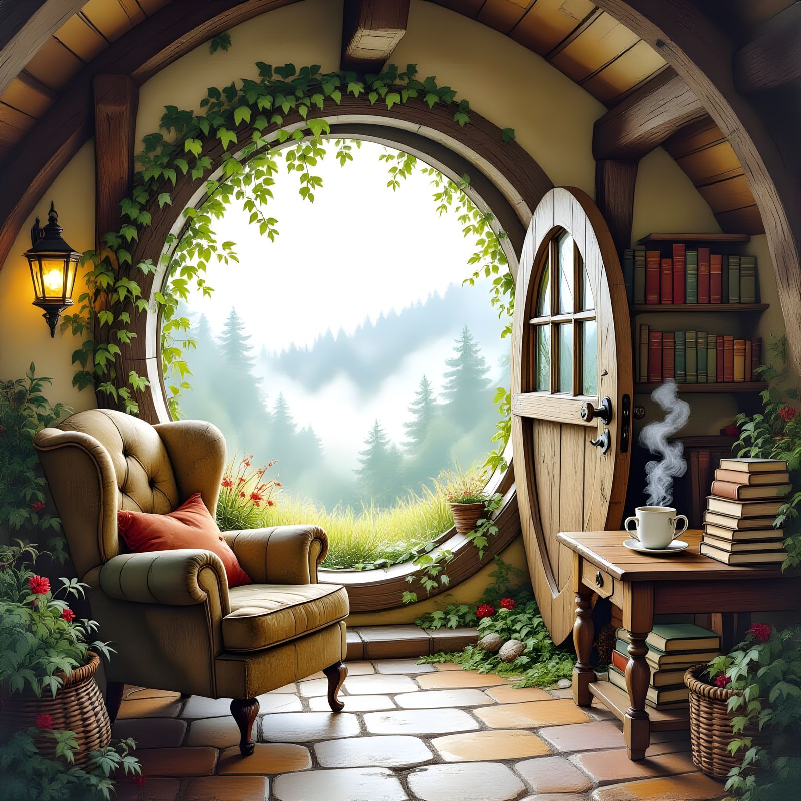 Cozy Hobbit Hole in Watercolor Style