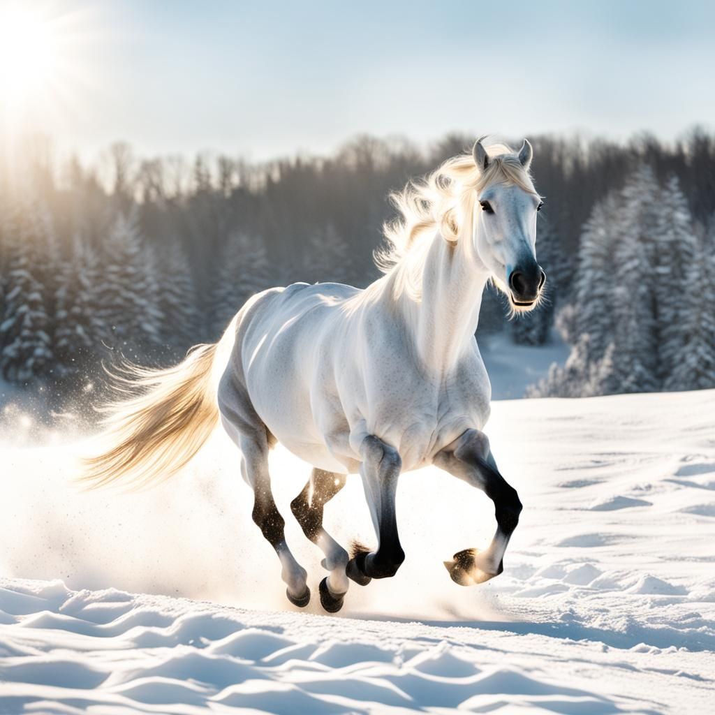 White Horse Galloping in Snowy Sunlight