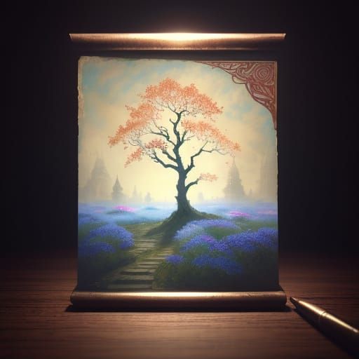 Ethereal Sakura Blooms Amidst Ancient Manuscript Mystery