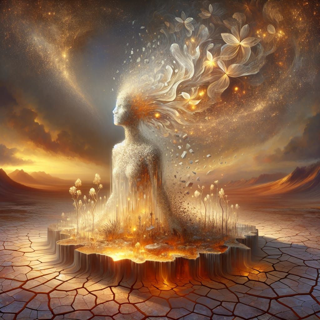 Radiant Glass Giantess Emerges From Cracked Earth