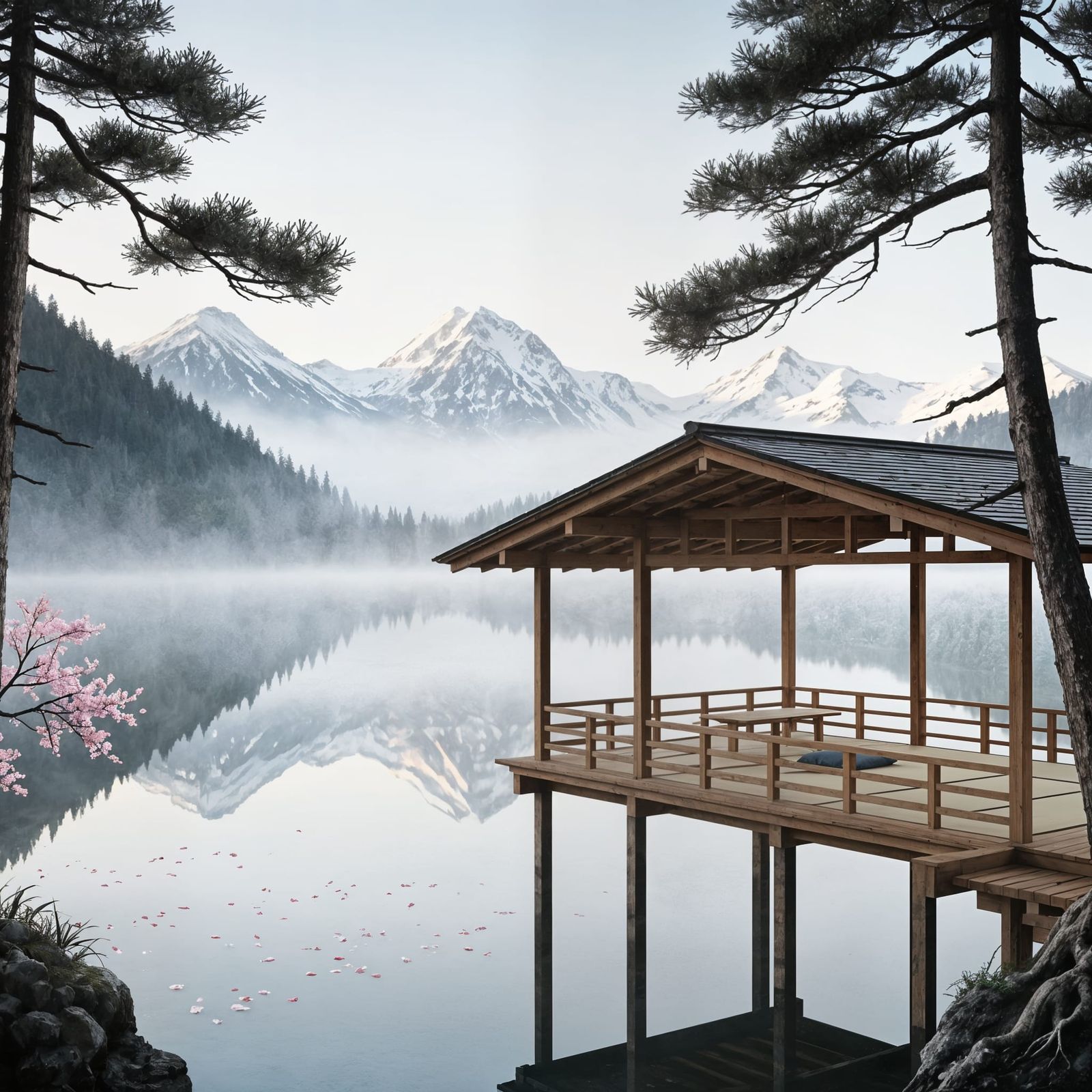 Sumi-e Tea Pavilion Over Alpine Lake