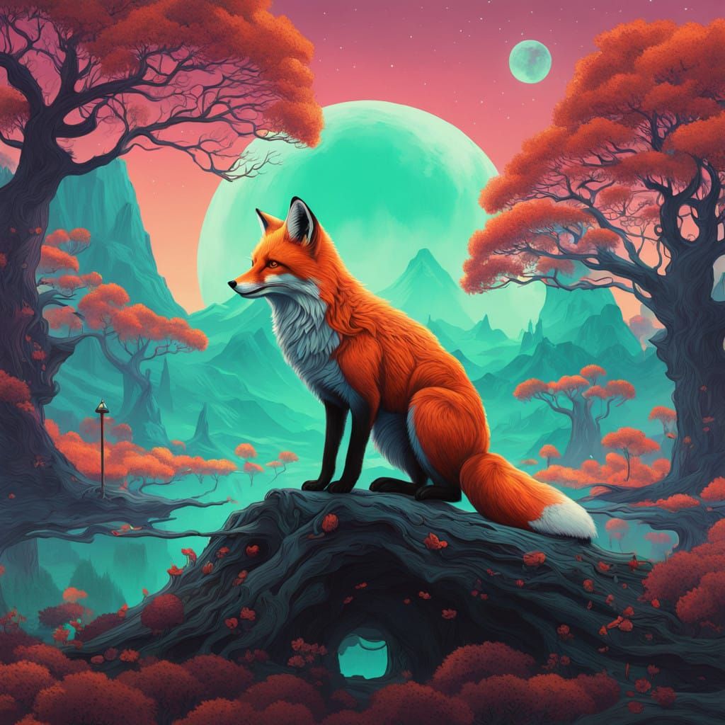 Majestic Fox in Whimsical Fantasy Landscape