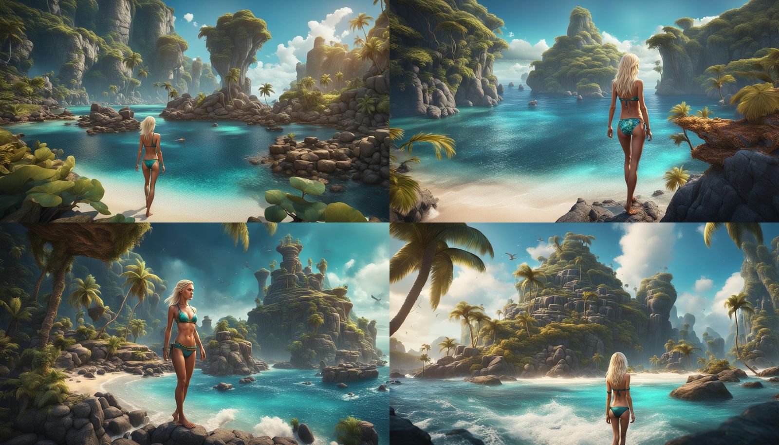 Blonde in Bikini on Tropical Island, Fantasy Art