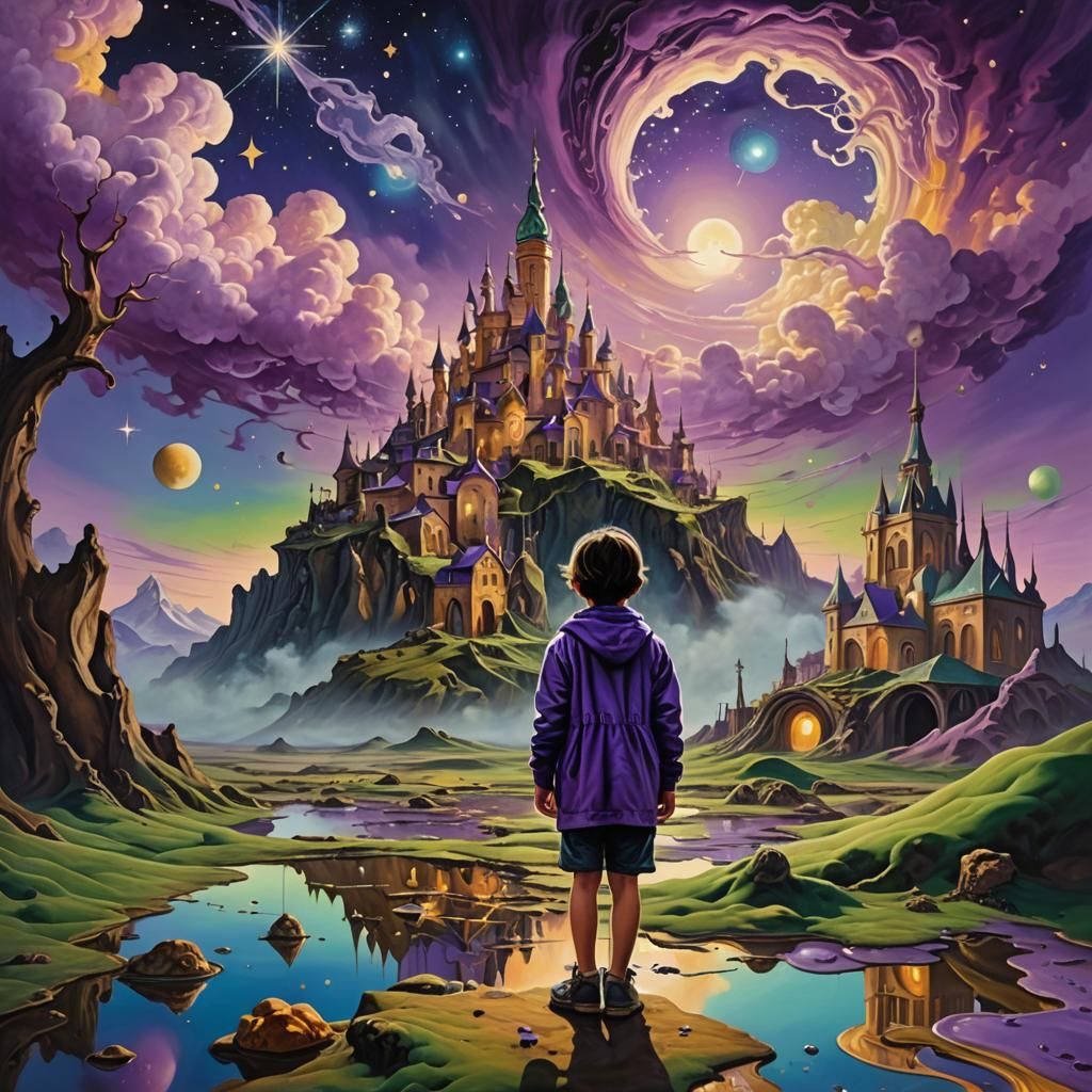 Child in Surreal Dreamscape: Dali-Inspired Oil Painting