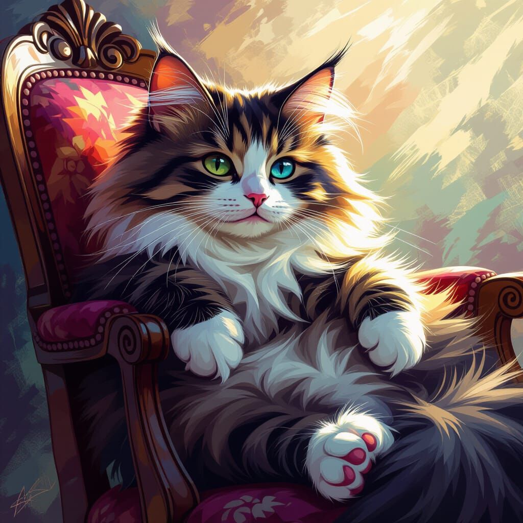 Cute Fluffy Cat Resting on Chair with Dynamic Lighting