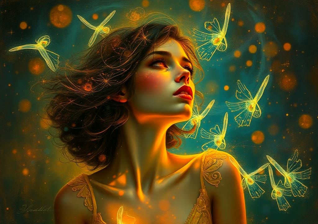 Magnetic Vision of Woman in Vibrant Ethereal Lights