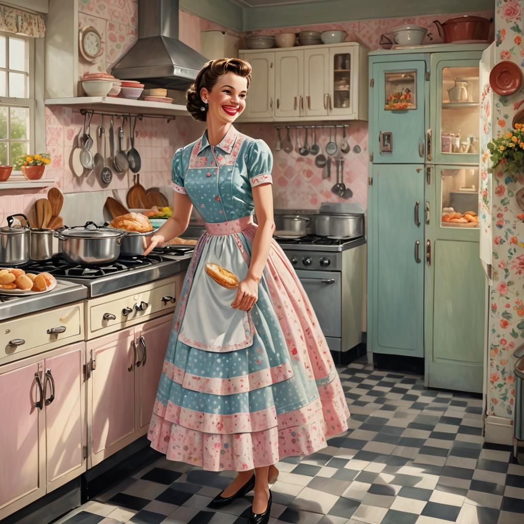 Smiling Tradwife Cooks Breakfast in Pastel Kitchen