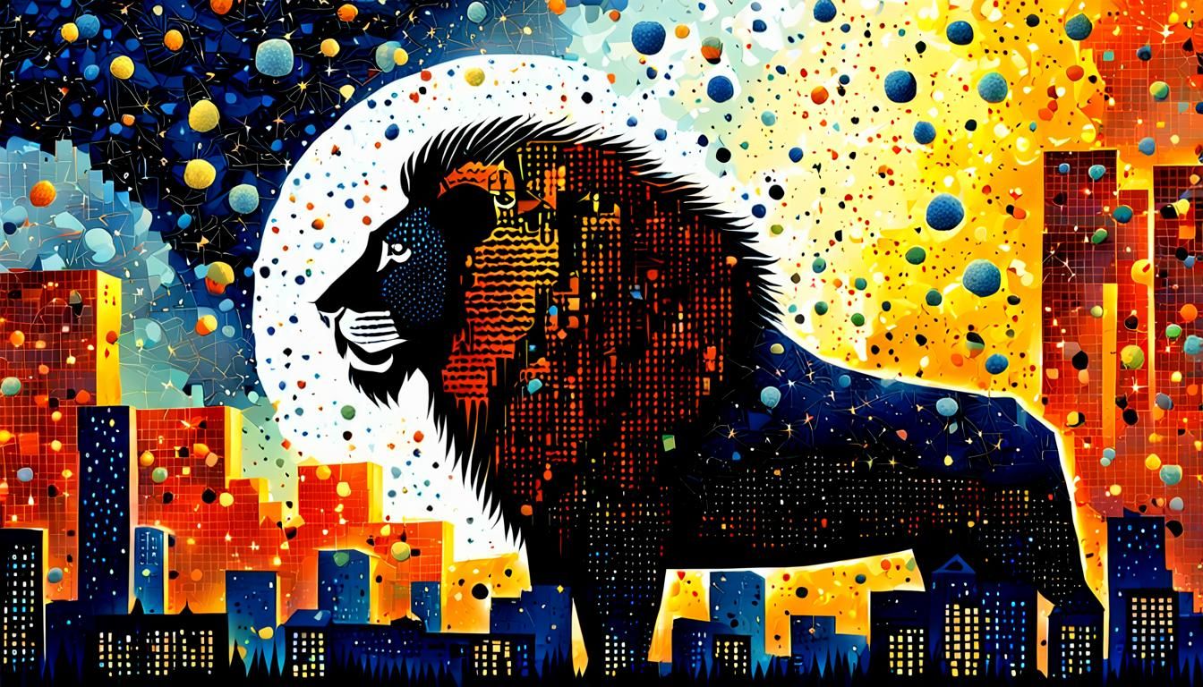 Lion in City During Meteor Shower: Pointillism Cubism