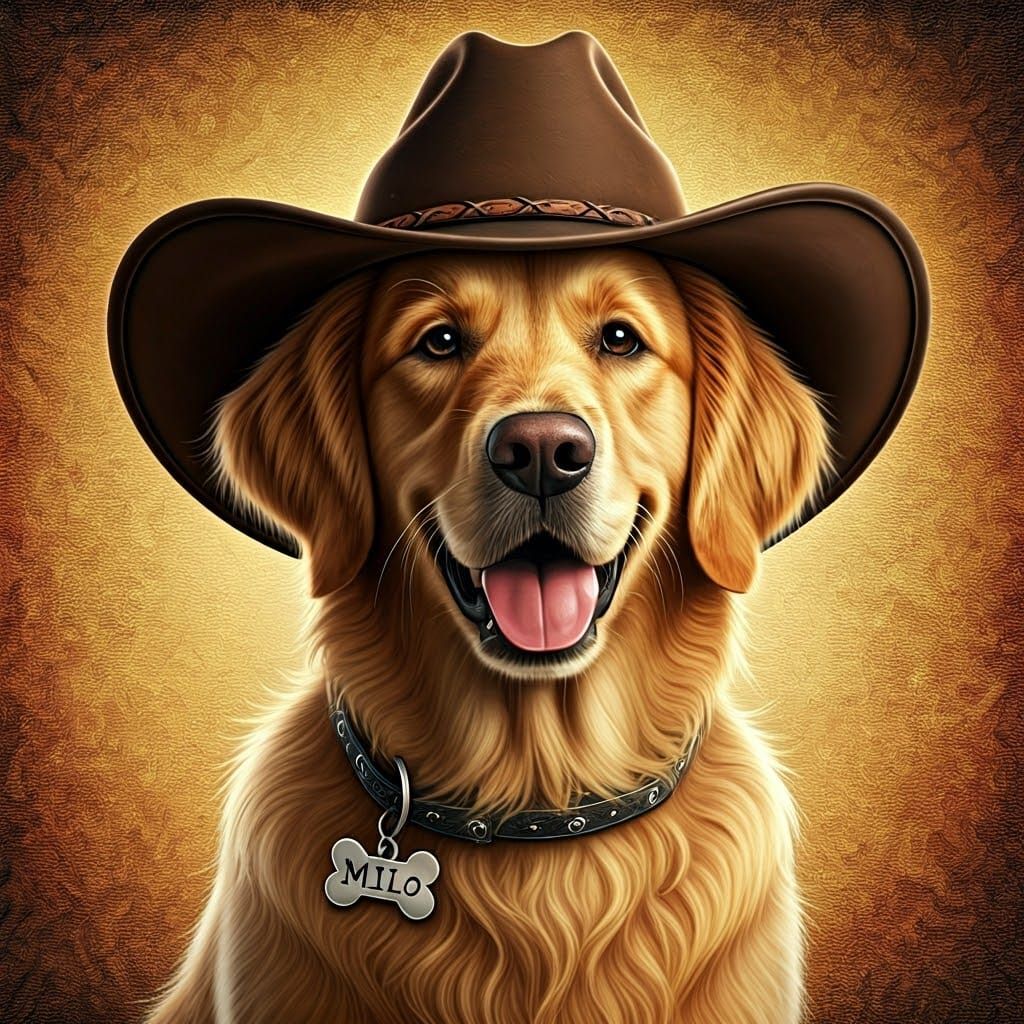 Golden Retriever in Cowboy Hat, Whimsical Country Scene