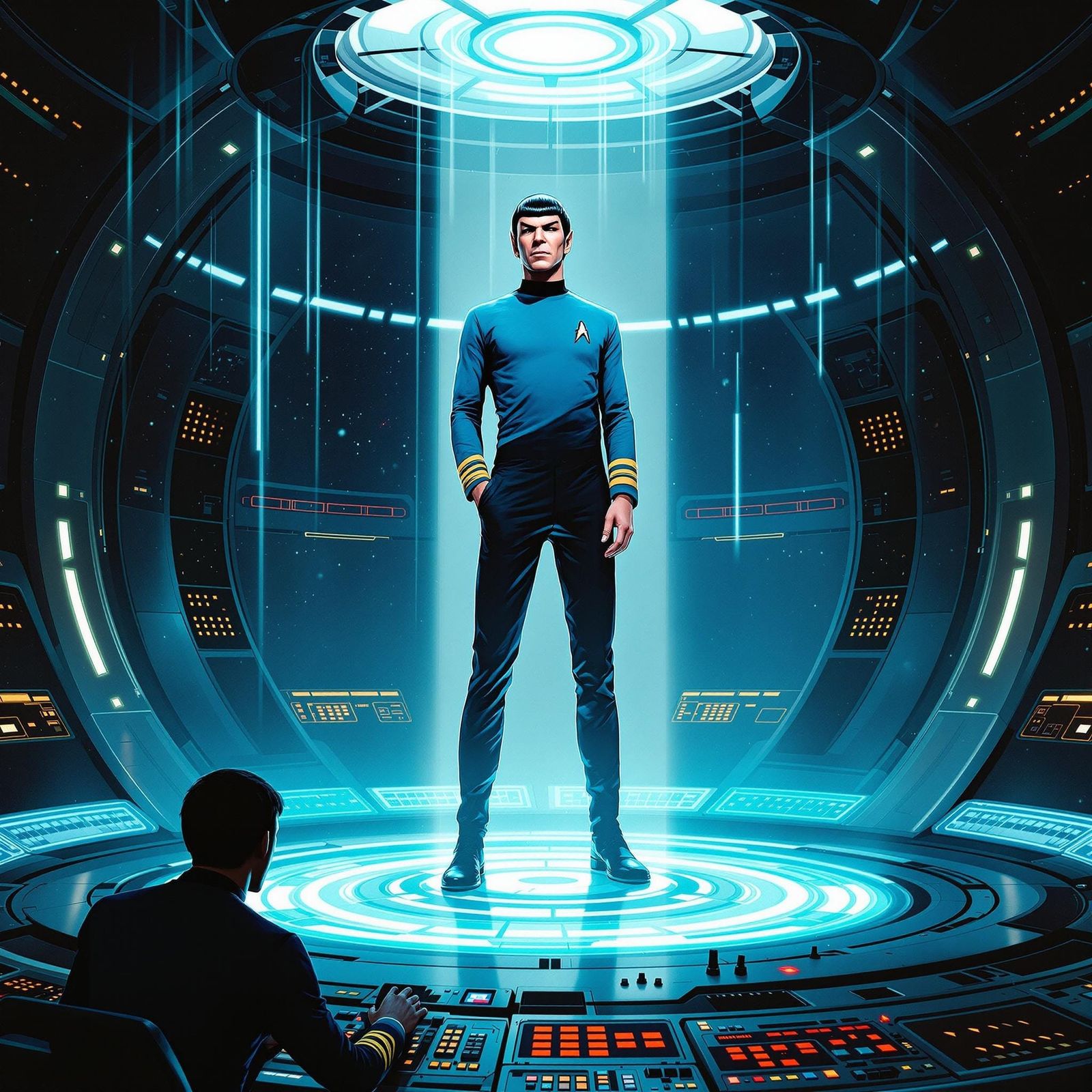 Spock Ready for Teleportation in Starfleet Uniform