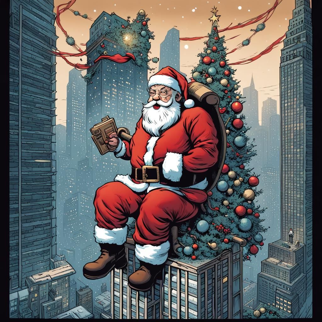 Santa Claus Decorates Skyscraper: Comic Book Art