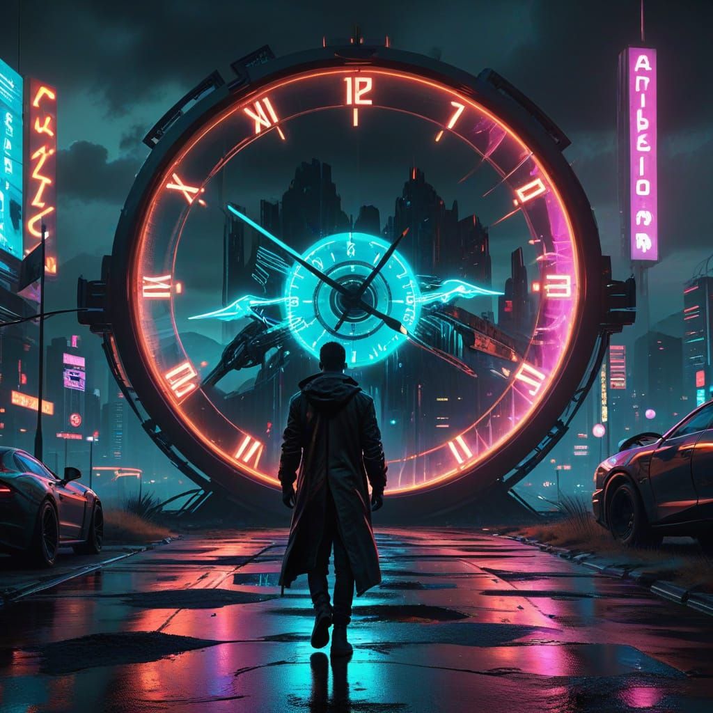 Cyberpunk Clock Tower with Person in Neon Cityscape